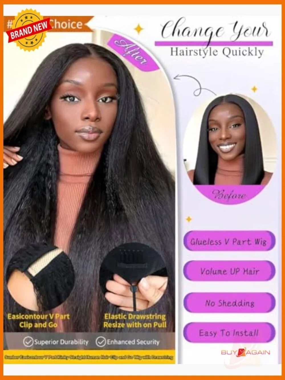 V Part Kinky Straight Human Hair Wig 200% Density Glueless Half Wig